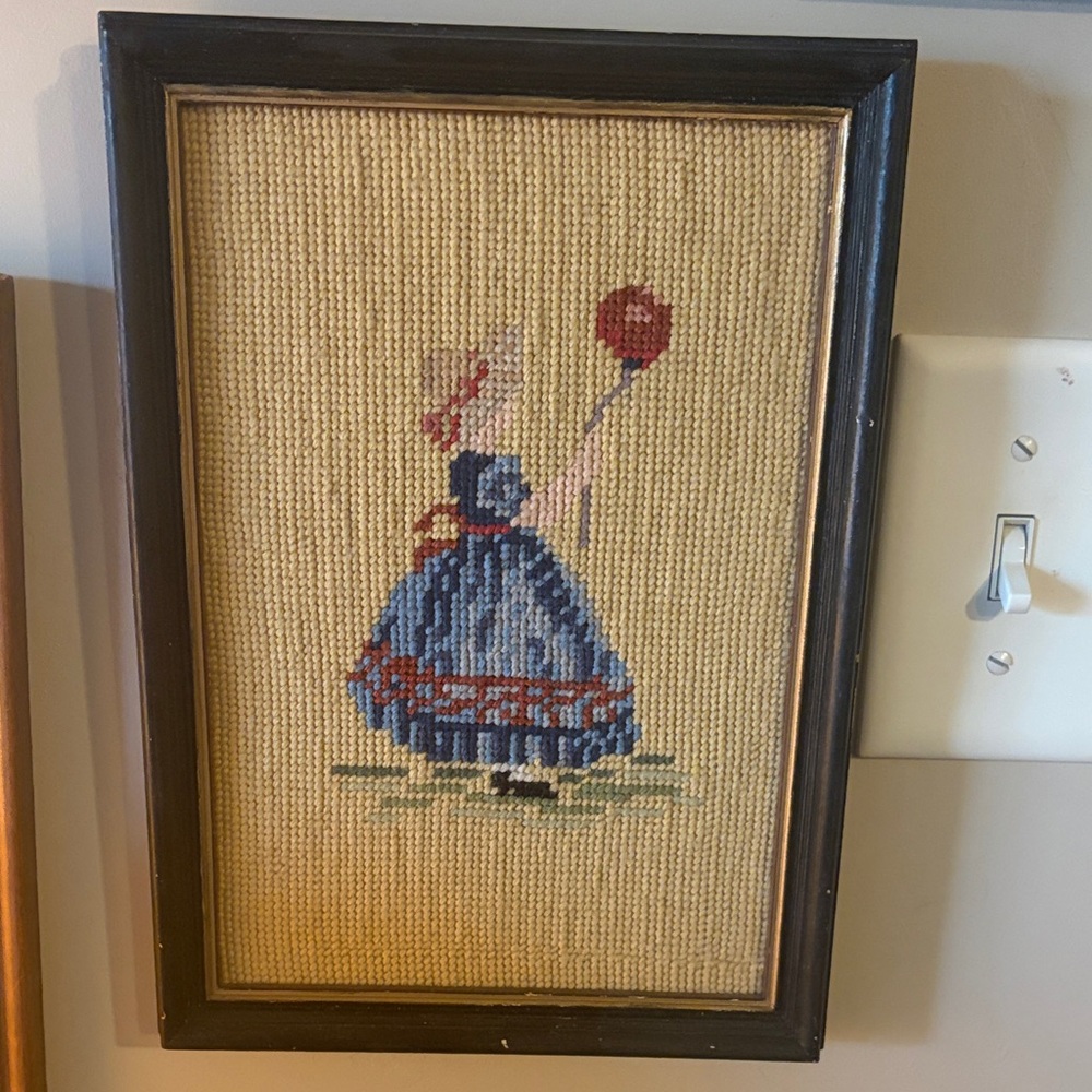 Vintage Hand-Embroidered Girl with Balloon Framed Art - Blue Dress
